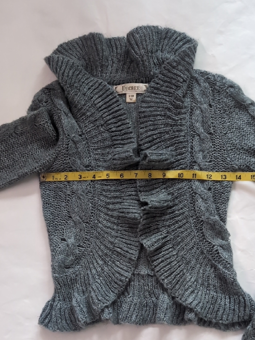 Decree Gray Ruffled Cable-Knit Open Cardigan-XS - Picture 5 of 7